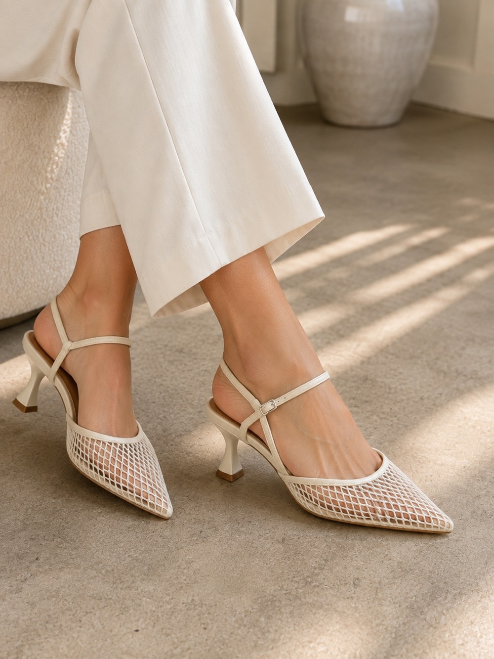 Zara Ivory Mesh Pointed Slingbacks Toe Ankle Strap Heels Size 37
